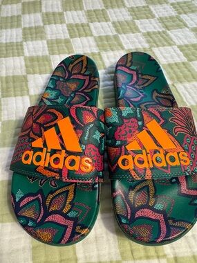 adidas Green Floral Slide Sandals with Orange Logo size 8